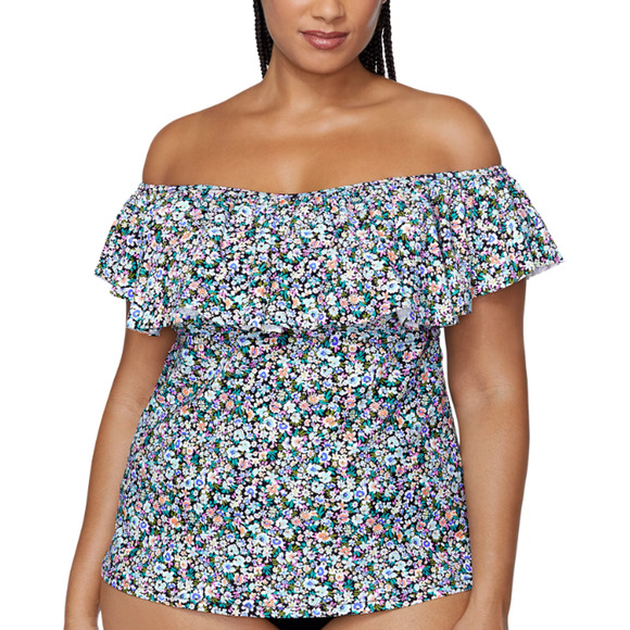 Raisins Curve Trendy Tortuga Ruffled Off-The-Shoulder Tankini Top Sz 20W 15611